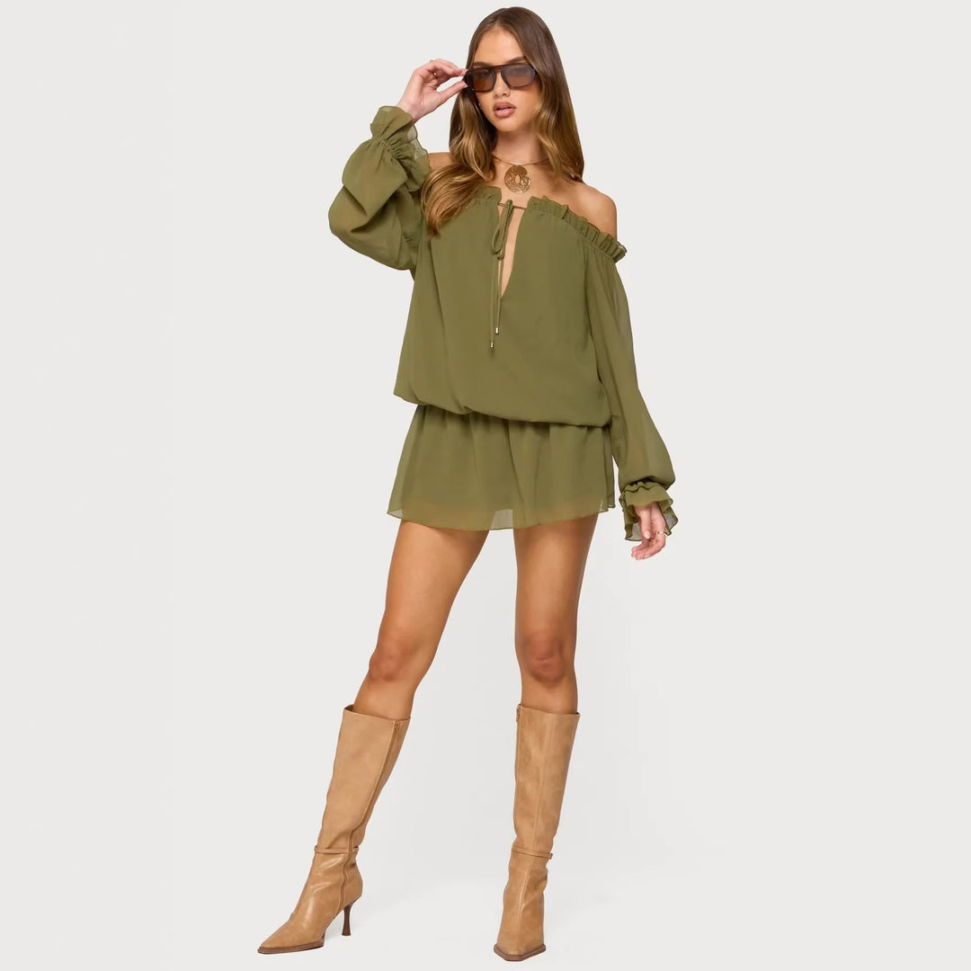 Damen Off-Shoulder Kleid mit voluminösen Puffärmeln und Rüschensaum Echo Archiv