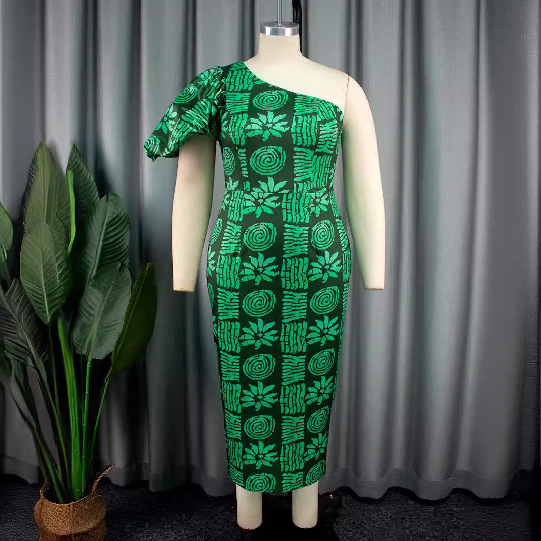 Damen körpernahe Midi-Kleid mit asymmetrischem Schnitt und voluminösen Puffärmeln Echo Archiv