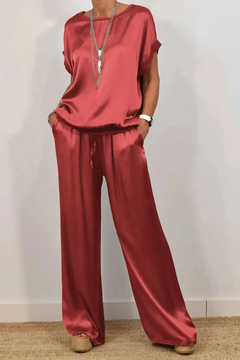 Damen Elegantes Satin Lounge-Set mit weitem Schnitt und lässigem Oberteil Echoarchiv