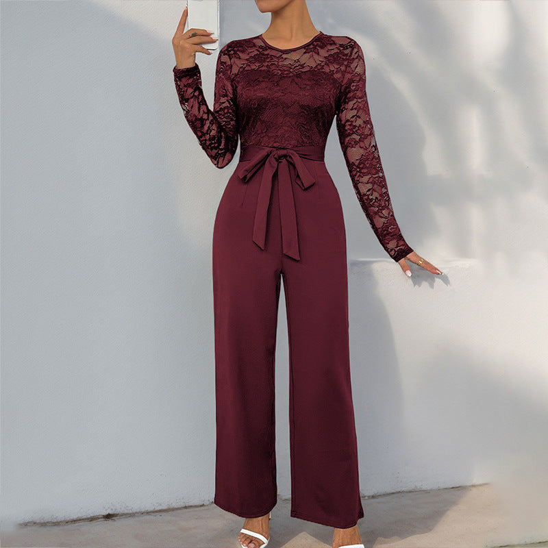Damen Eleganter Jumpsuit mit Spitzenoberteil und tailliertem Bund – Solévia