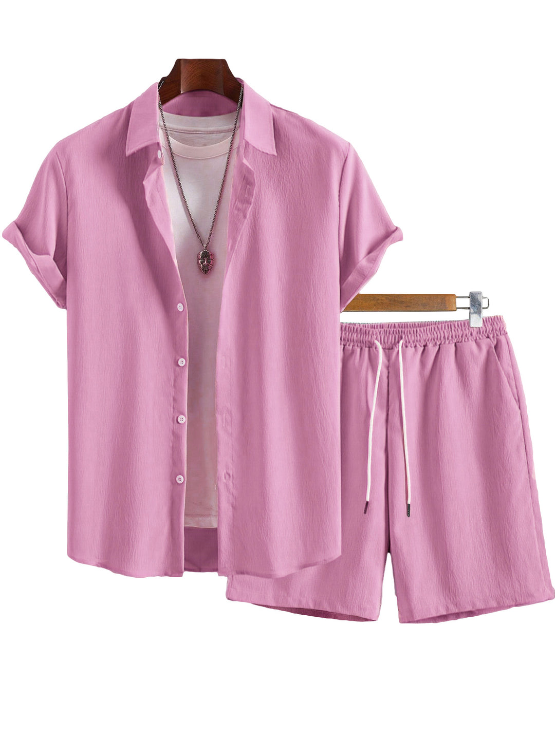 Herren nan Crinkle-Lounge-Set mit offenem Revershemd, integriertem Kurzarm-T-Shirt und Kordel-Bermuda Echo Archiv