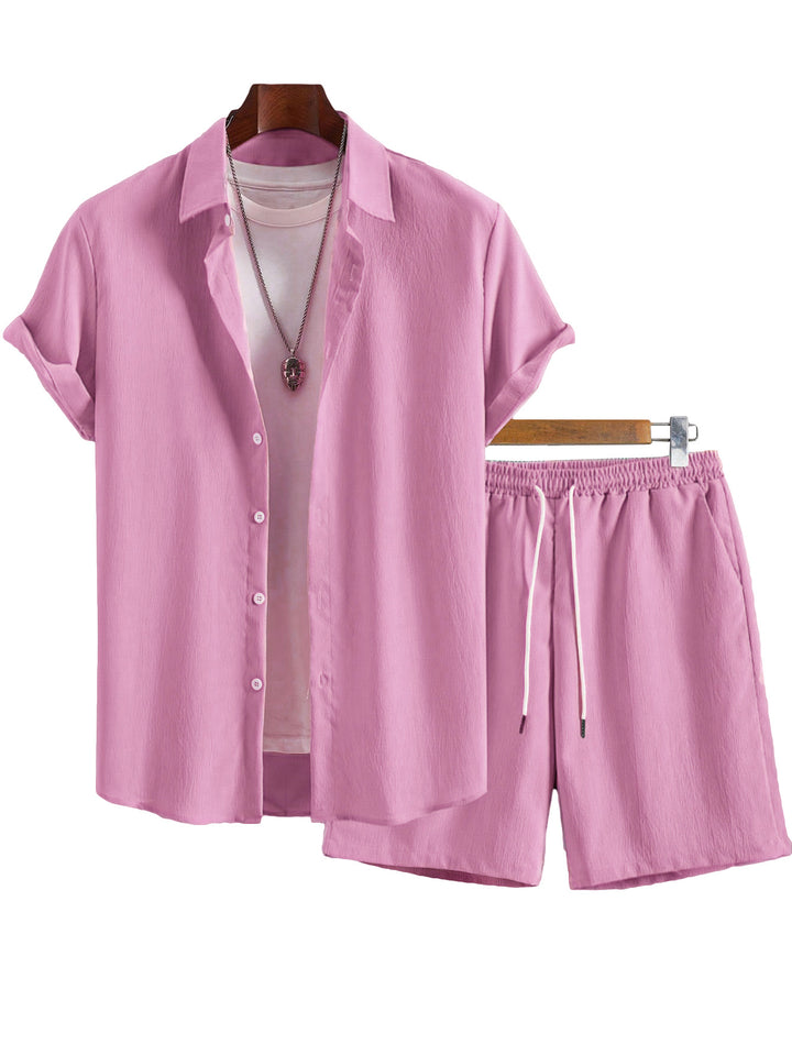Herren nan Crinkle-Lounge-Set mit offenem Revershemd, integriertem Kurzarm-T-Shirt und Kordel-Bermuda Echo Archiv