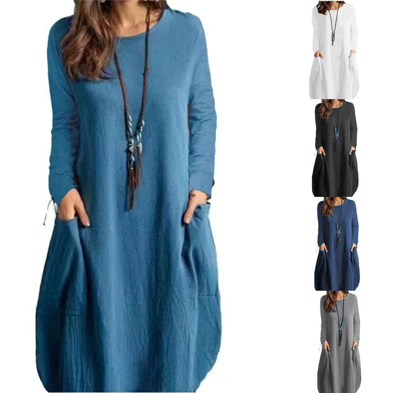 Damen Langes A‑Linien Leinenoptik Kleid mit Eingrifftaschen und Rundhalsausschnitt Echoarchiv