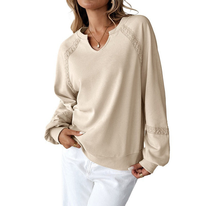 Damen Lässiges Sweatshirt mit V-Notch, Spitzeneinsätzen und Ballonärmeln – Mavelle