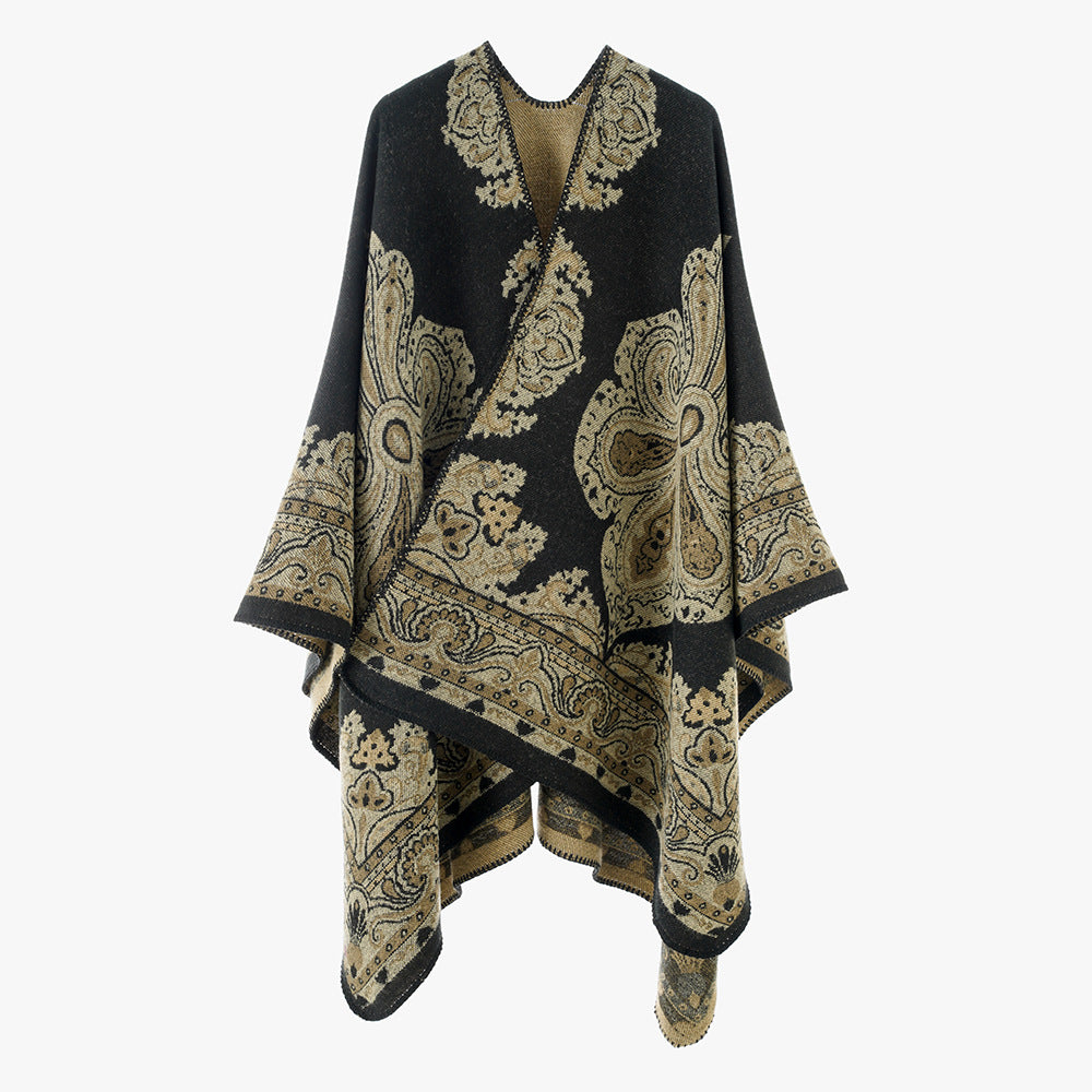 Damen Oversize-Orientalischer Jacquard-Überwurf mit Paisley‑Medaillon und Zierstich – Avérine