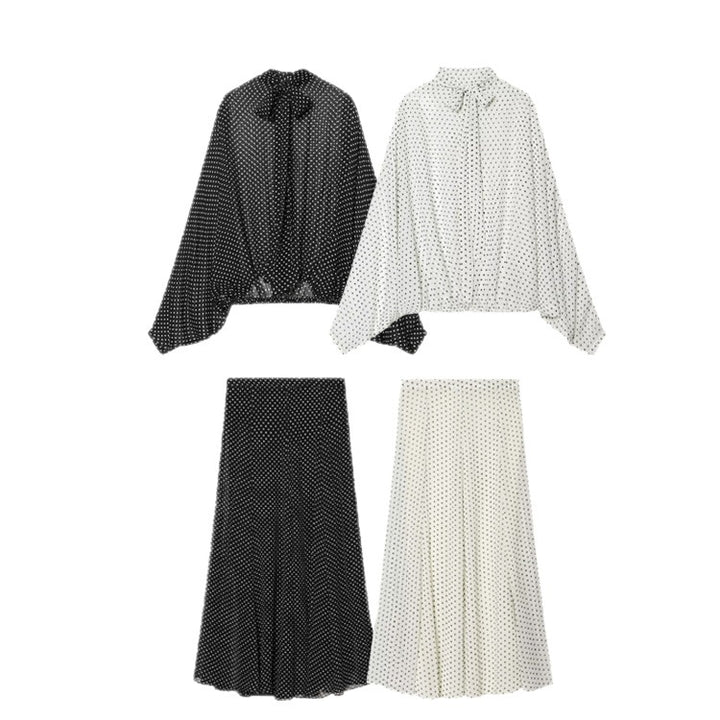 Damen Zweiteiliges Set aus leichtem Chiffon mit weitem Midirock und Ballonärmel-Bluse mit Schleifenkragen Echo Archiv