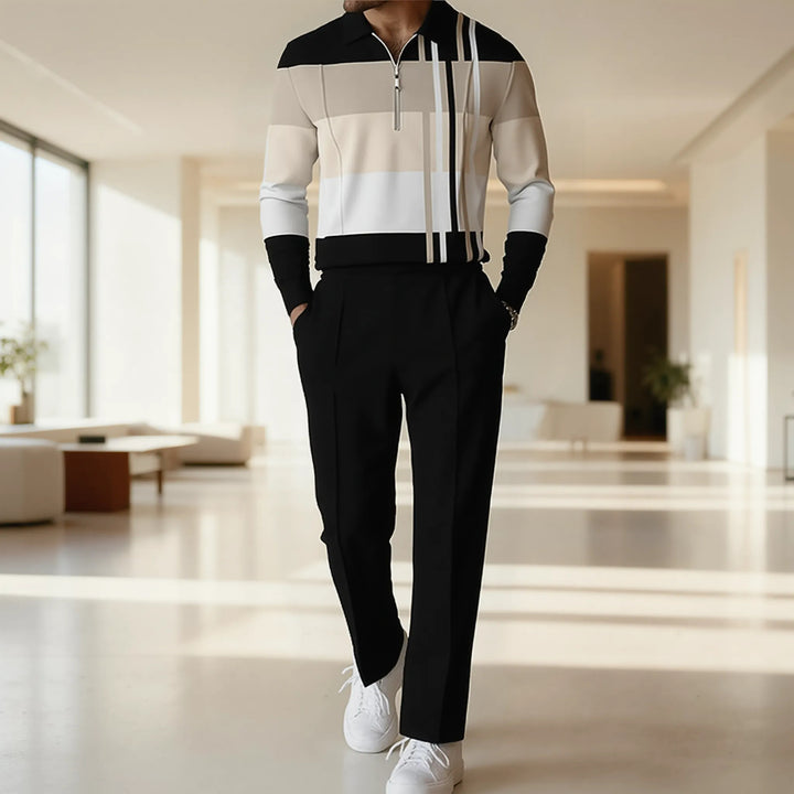 Herren modisches Langarmshirt mit Reißverschluss und einzigartigem Blockdesign Echoarchiv