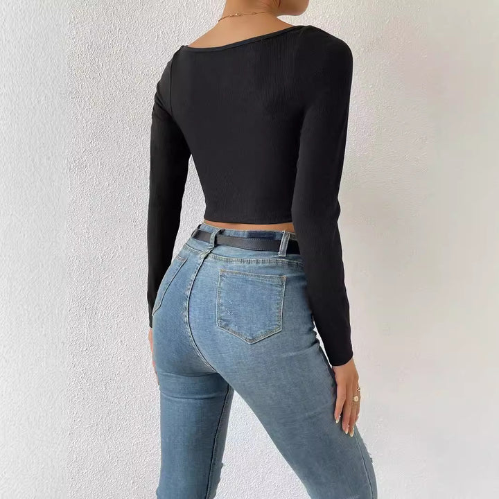 Damen Figurbetontes geripptes Kurzshirt mit herzförmigem Ausschnitt – Avérine