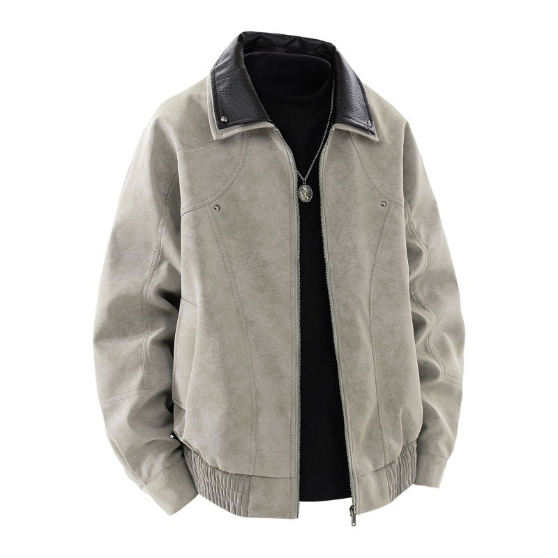 Herren Nano-Velours-Look Bomberjacke mit Kontrastkragen aus strukturiertem Kunstleder und elastischem Saum – Brevano