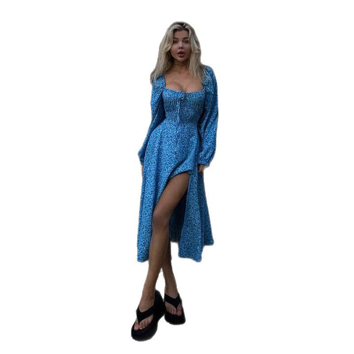 Damen Vintage-inspiriertes Midikleid mit quadratischem Ausschnitt, geraffter Brustpartie und langen Ärmeln – Élara
