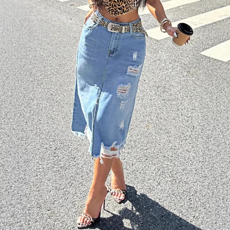 Damen Denim-Midirock mit Fransen Frontschlitz und Used-Effekten Echo Archiv