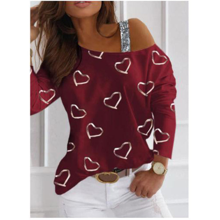 Damen Off-Shoulder Strickpullover mit Herzprint und Paillettenträger Echoarchiv