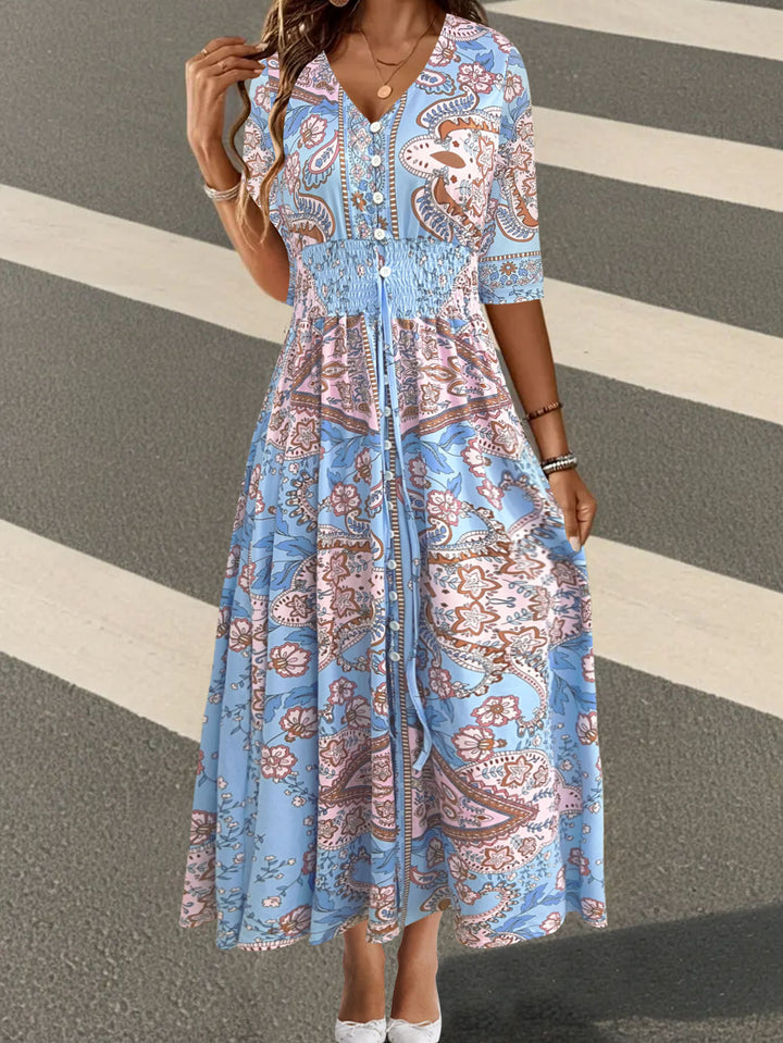 Damen Boho-Maxikleid mit V-Ausschnitt, Knopfleiste und Smokbund Echoarchiv