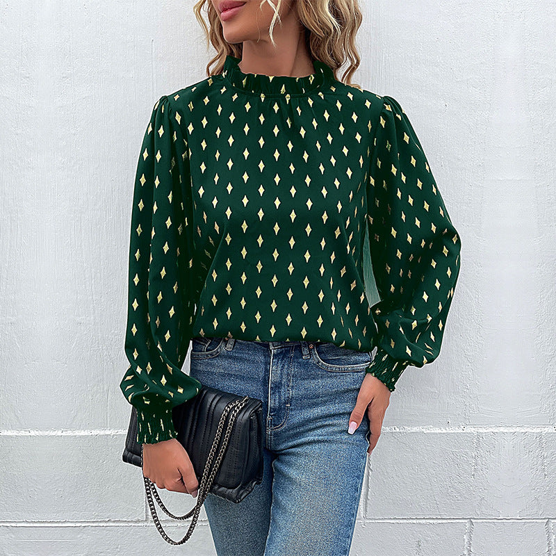 Damen Elegante Rüschen-Stehkragen-Bluse mit Puffärmeln und Smokbündchen Echoarchiv
