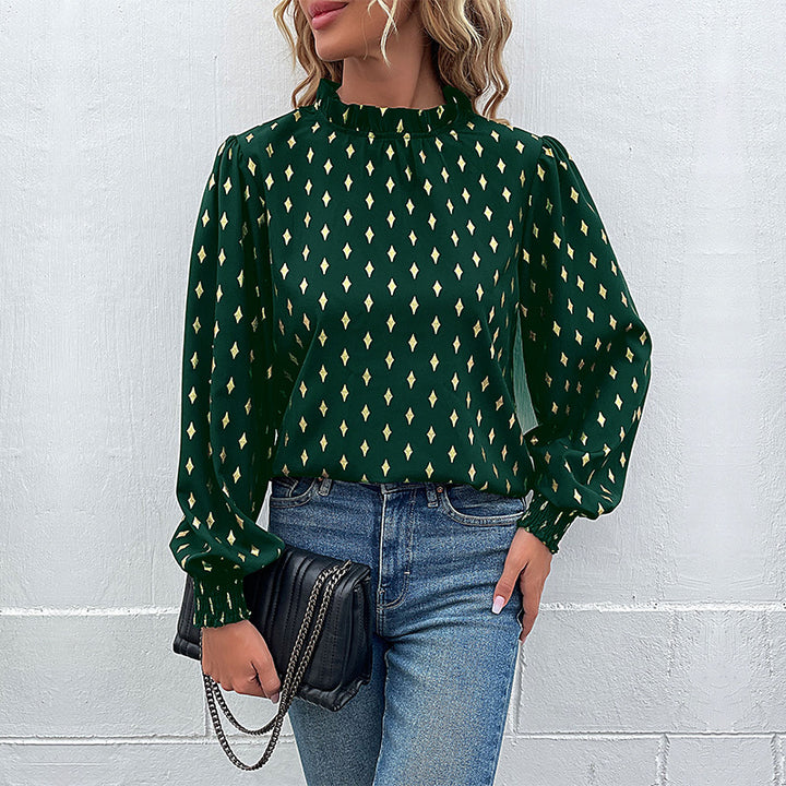 Damen Elegante Rüschen-Stehkragen-Bluse mit Puffärmeln und Smokbündchen Echoarchiv