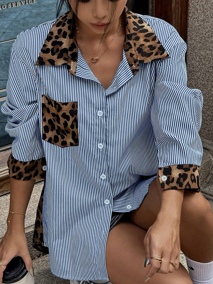 Damen Oversize-Hemdbluse mit Nadelstreifen und Leoprint-Details – Élovi
