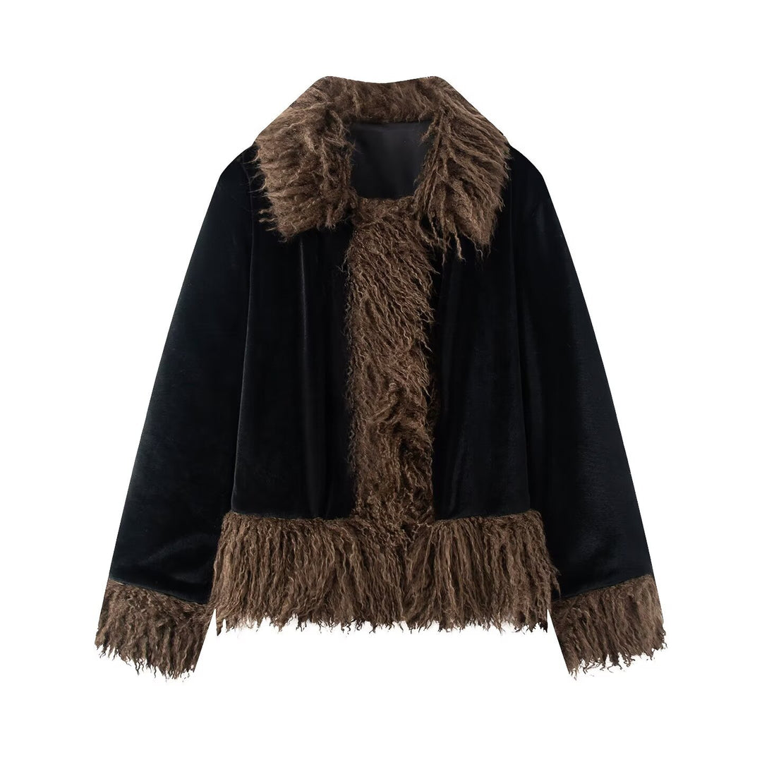 Damen Kurzjacke mit Faux‑Fellbesatz, Samtoptik und Fransenabschluss Echo Archiv