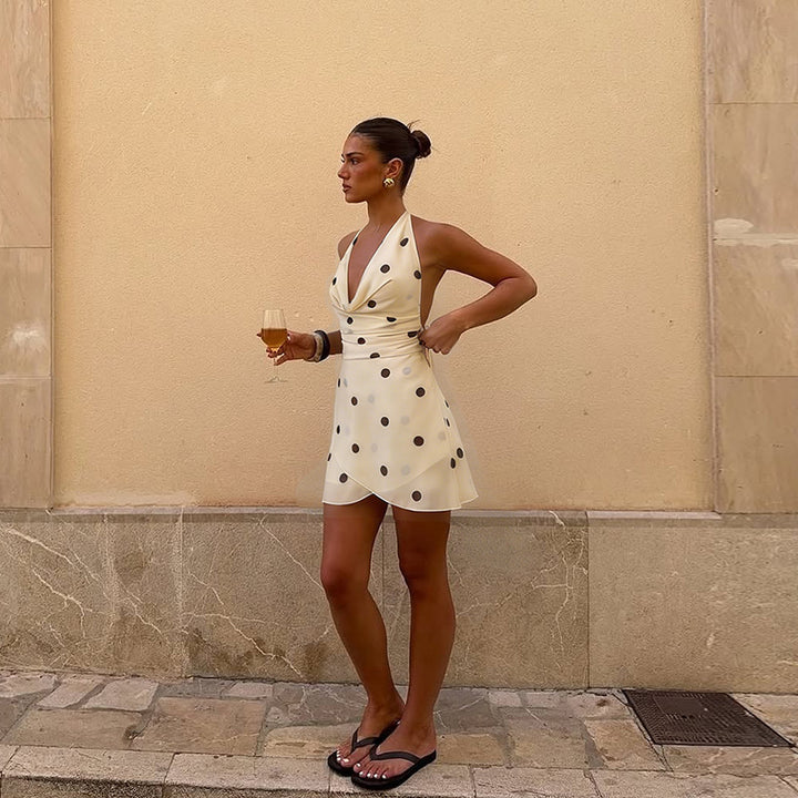 Damen verspieltes Polka-Dot Minikleid mit reinem Chiffon und raffiniertem Wickeldesign Echo Archiv