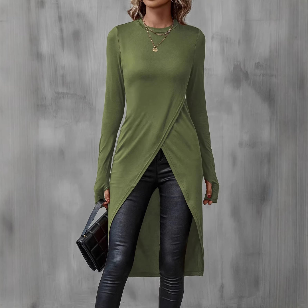 Damen Langes asymmetrisches Wickel-Tunika-Top mit Frontschlitz – Avérine
