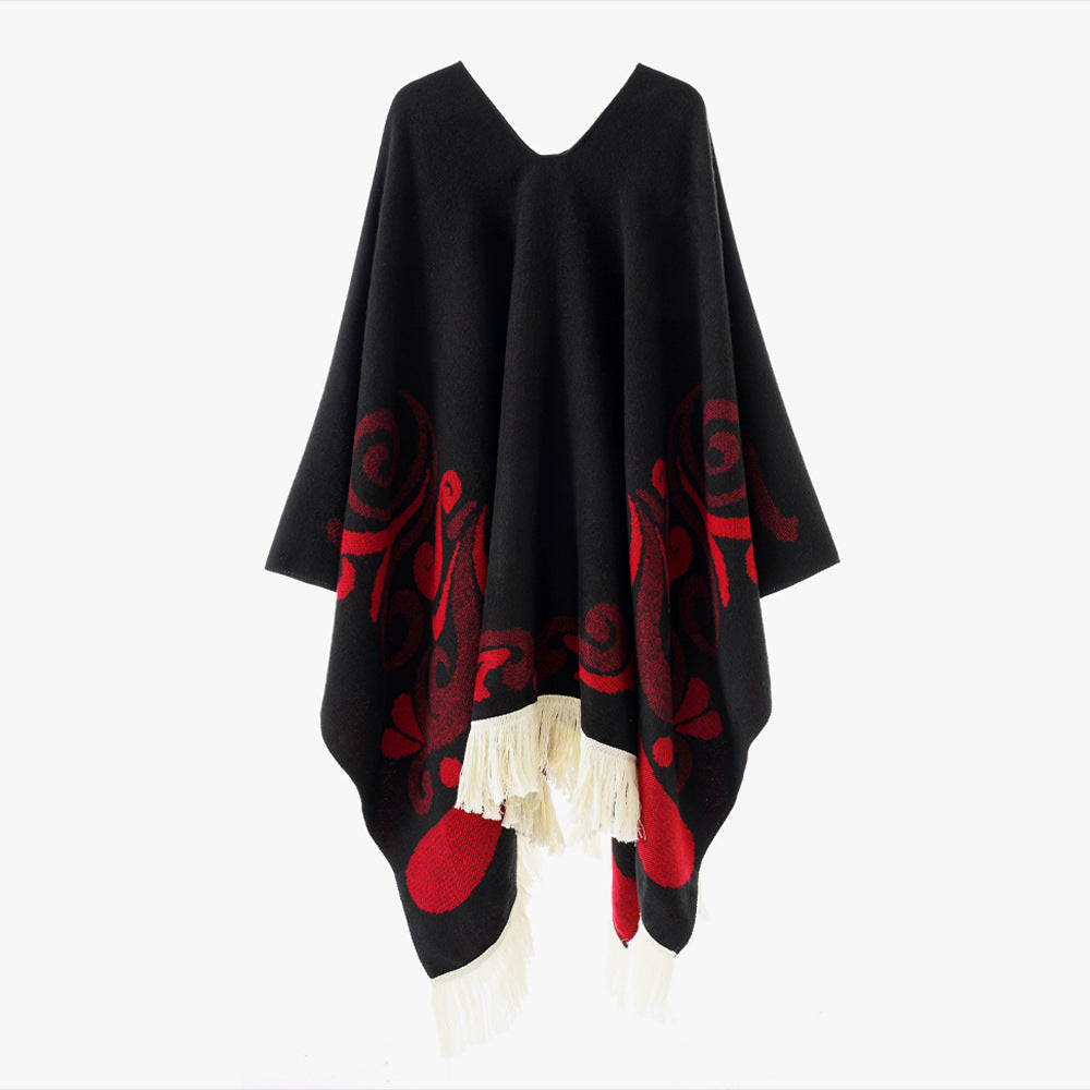 Damen Wollmix-Poncho im Umhangstil mit V-Ausschnitt, kontrastierendem Ornament-Jacquard und Fransen – Montévia