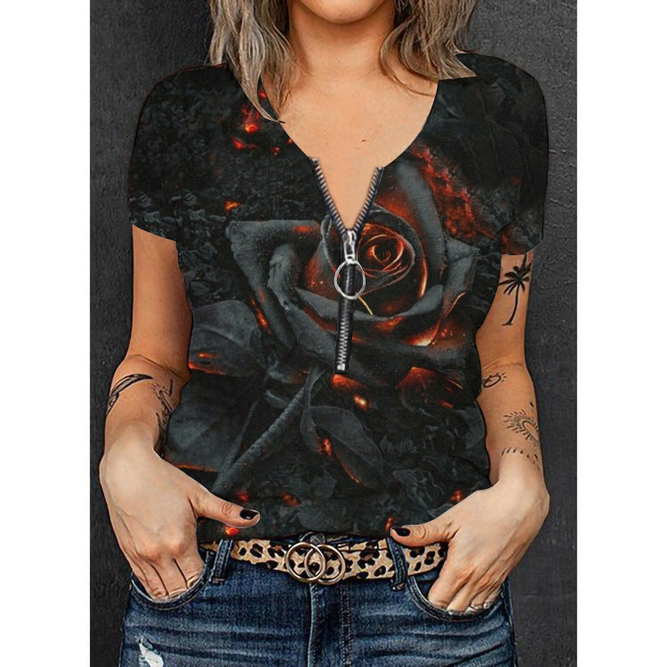 Damen V-Ausschnitt T-Shirt mit Reißverschluss und floralem Muster Echo Archiv