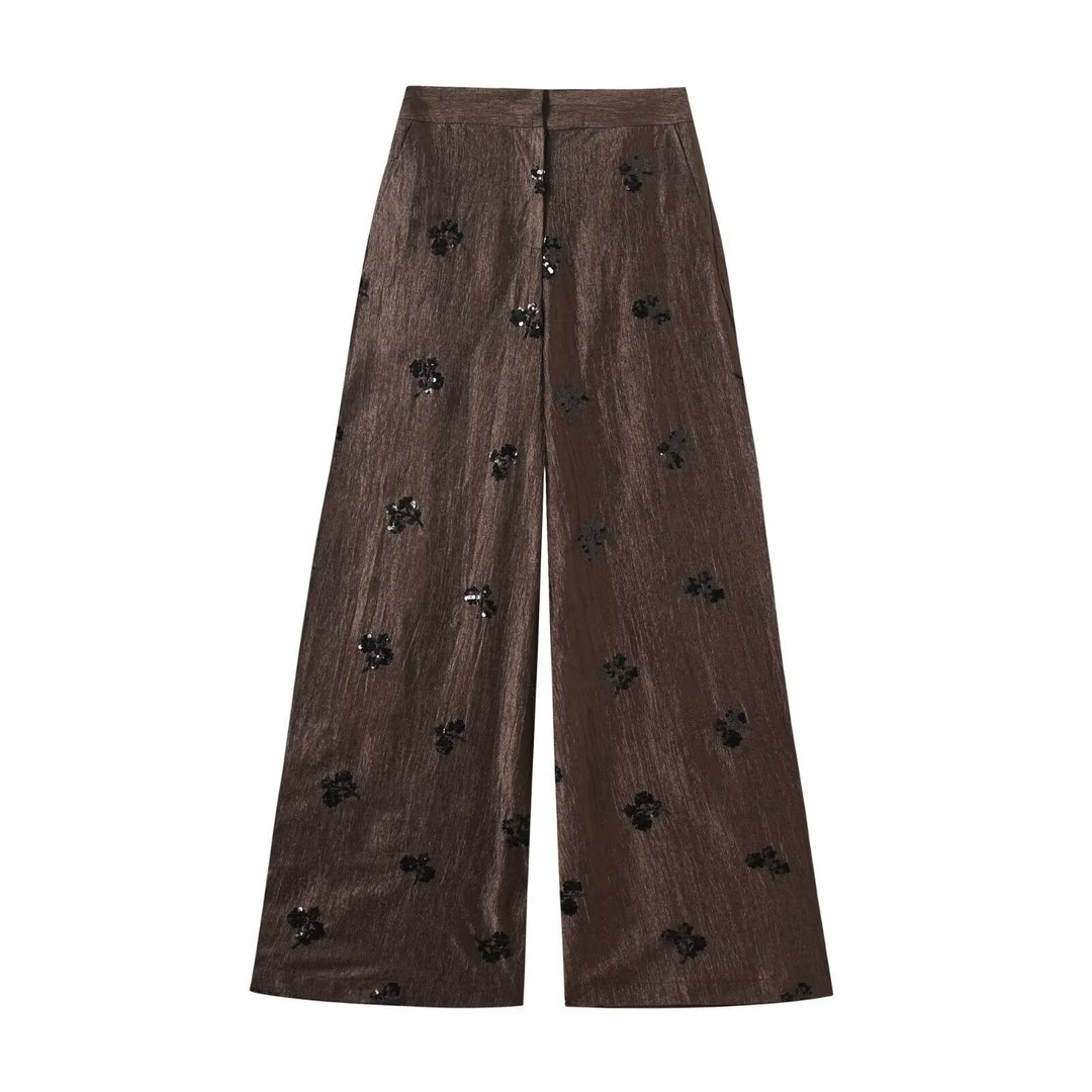 Damen Hochtaillierte Wide‑Leg‑Hose mit Glanzstruktur und Paillettenblüten Echo Archiv