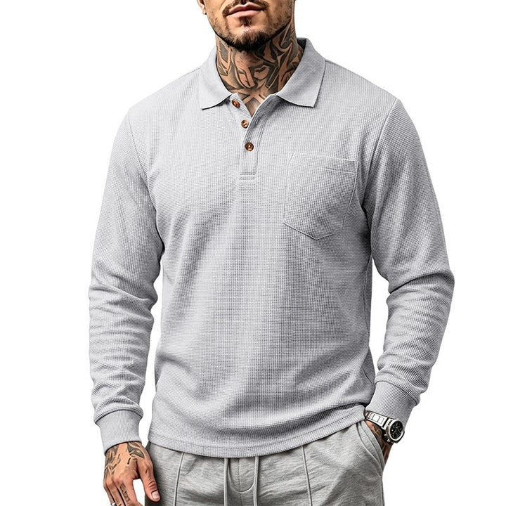 Herren Waffelstruktur-Poloshirt mit Brusttasche und Holzknöpfen Echoarchiv