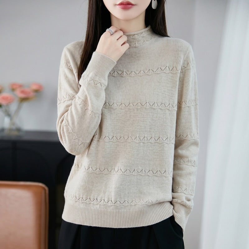 Damen Leichter Ajourstrick-Pullover mit kurzem Stehkragen und feinem Rippsaum Echoarchiv