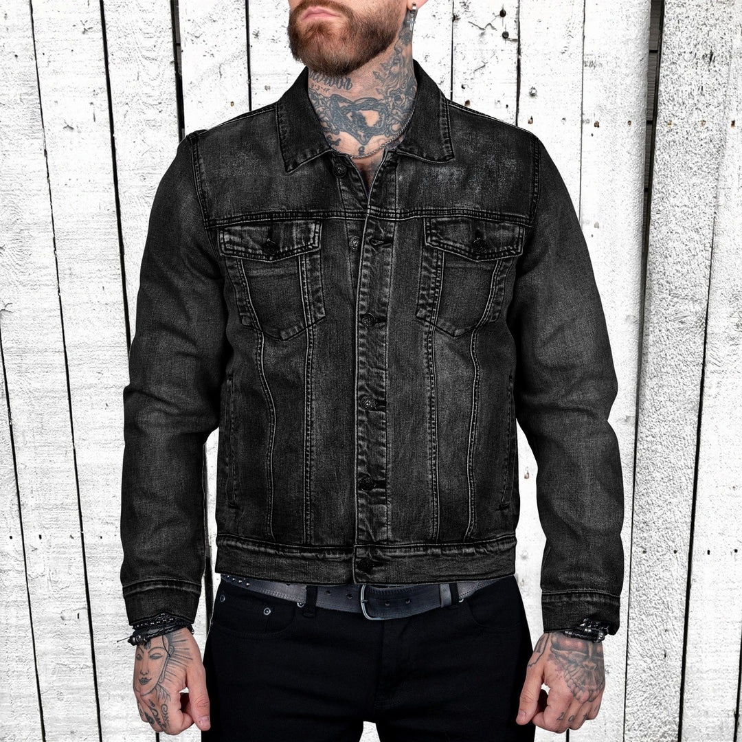 Herren nan taillierte Trucker-Denimjacke mit Pattentaschen, Metallknopfleiste und kontrastierenden Nähten Echo Archiv