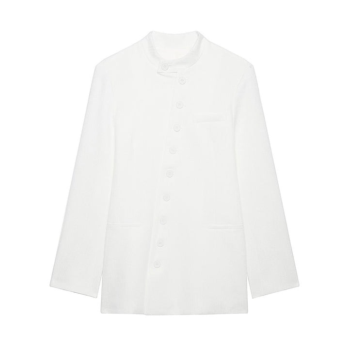 Damen Mandarin-Kragen Longblazer mit durchgehender Knopfleiste und aufgesetzten Taschen Echo Archiv