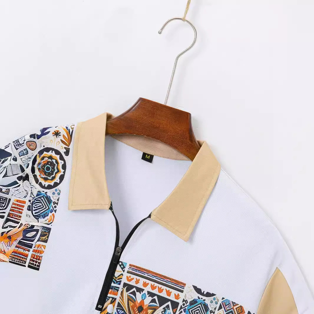 Herren eleganter Kurzarm-Set mit künstlerischen Mustern und praktischen Taschen Echoarchiv
