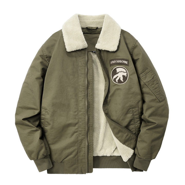Herren Sherpagefütterte Pilotenjacke im Bomberstil mit Teddykragen und Utility‑Details Echo Archiv
