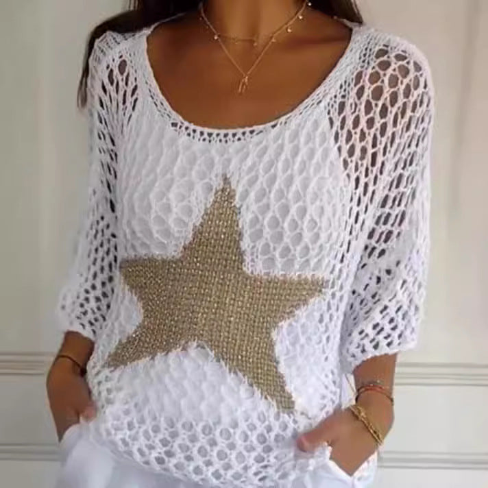 Damen nan oversized gehäkelter Pullover mit Sternapplikation und 3/4-Ärmeln Echo Archiv