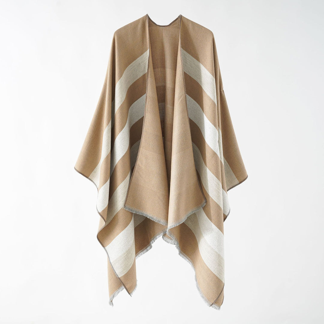Damen Feiner Wollmix‑Capeüberwurf mit diagonaler Streifenstruktur und Fransensaum Echo Archiv