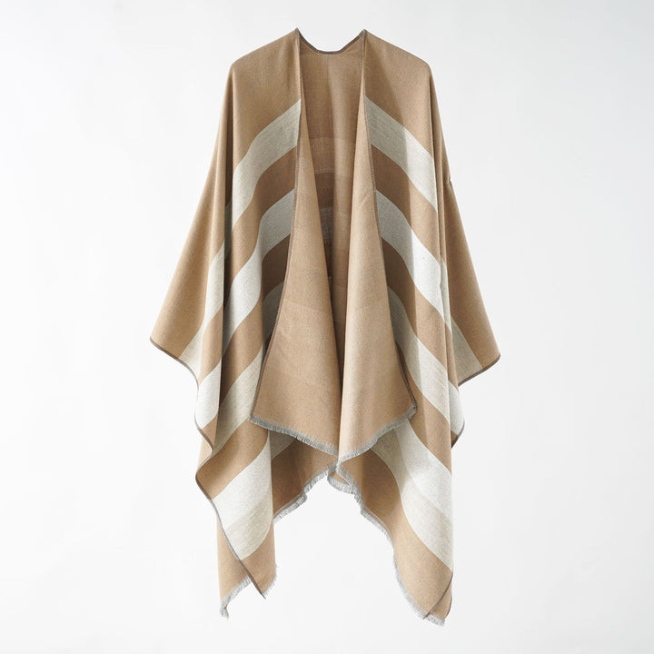 Damen Feiner Wollmix‑Capeüberwurf mit diagonaler Streifenstruktur und Fransensaum Echo Archiv