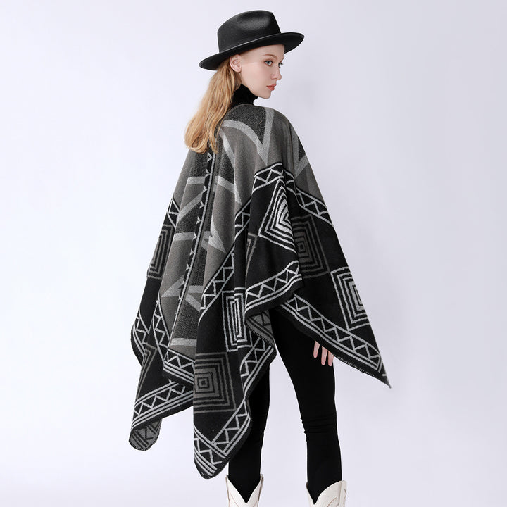 Damen Geometrischer Wollmix-Überwurfponcho mit Kettelkante Echo Archiv