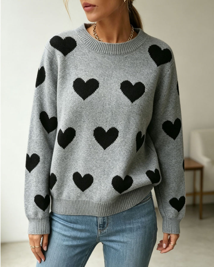 Damen Herz-Intarsien Rundhalspullover mit lässiger Oversize-Passform – Mavelle