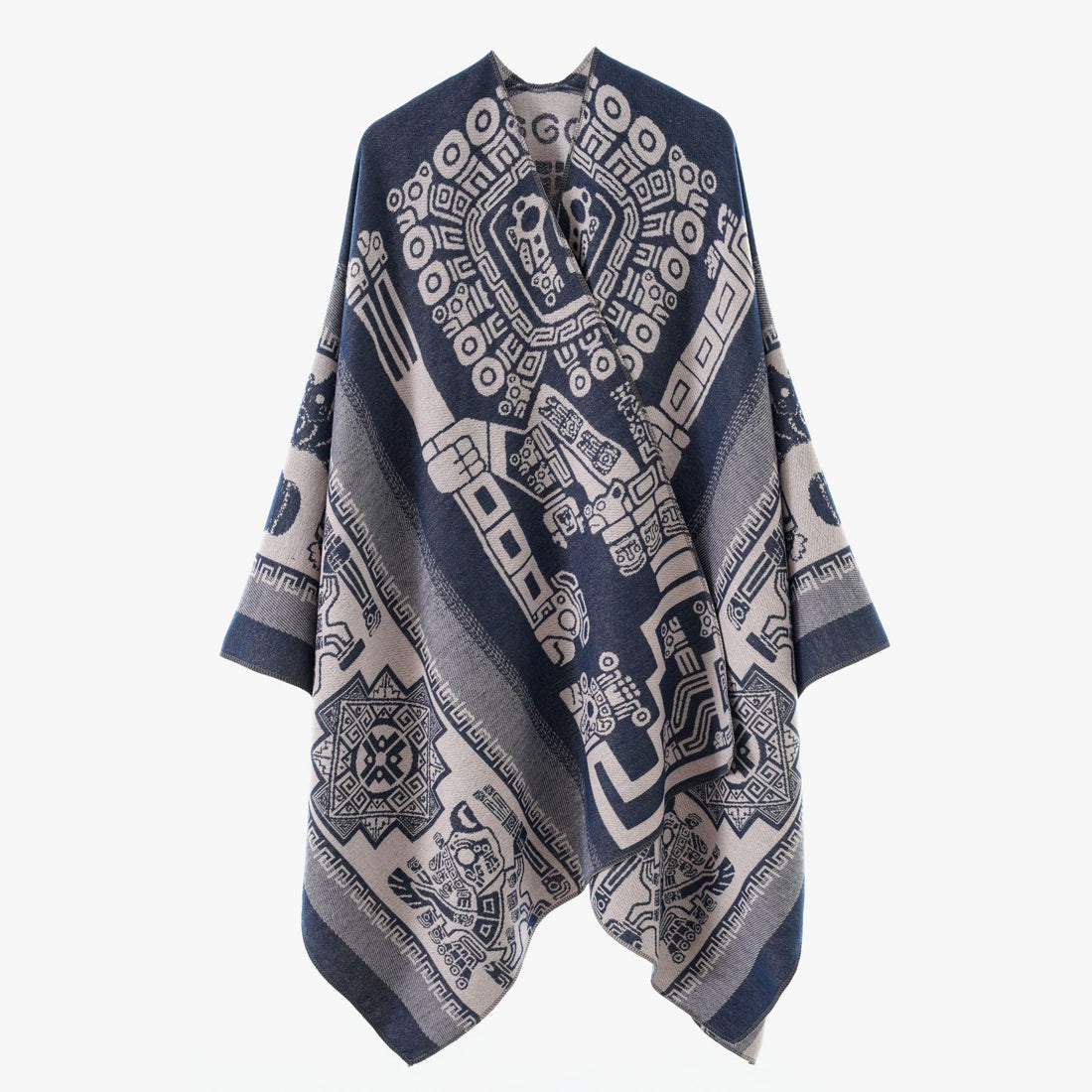 Damen Oversize‑Jacquard‑Wrapcape mit geometrischem Aztekenmuster – Célinea