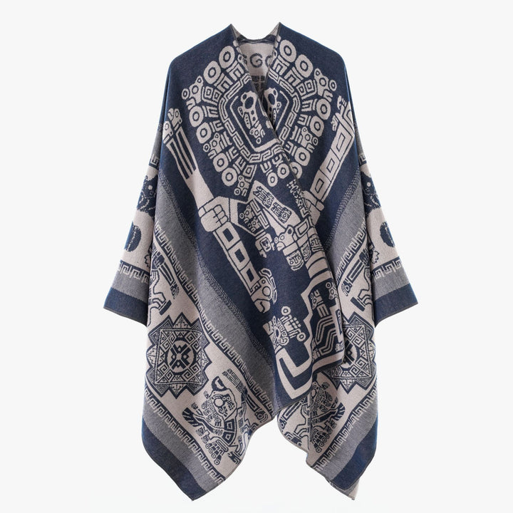 Damen Oversize‑Jacquard‑Wrapcape mit geometrischem Aztekenmuster Echo Archiv