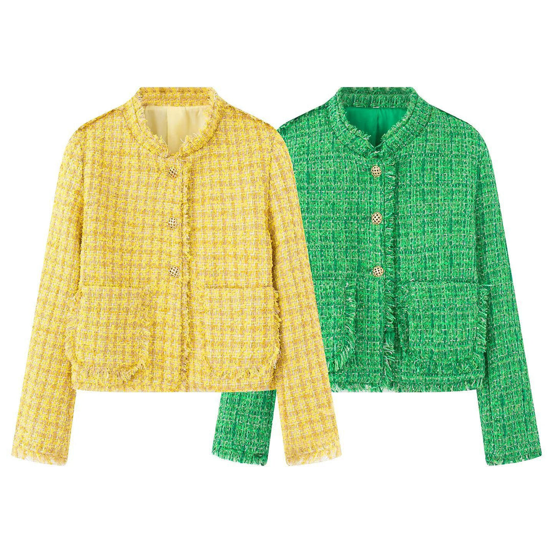 Damen kurze Bouclé-Tweedjacke mit goldenen Zierknöpfen, aufgesetzten Taschen und Fransenbesatz – Célinea