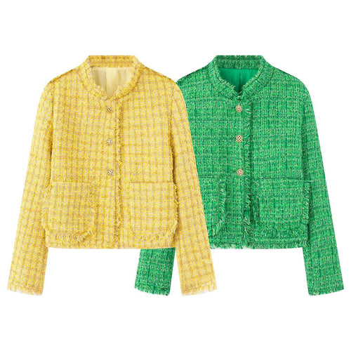 Damen kurze Bouclé-Tweedjacke mit goldenen Zierknöpfen, aufgesetzten Taschen und Fransenbesatz – Célinea
