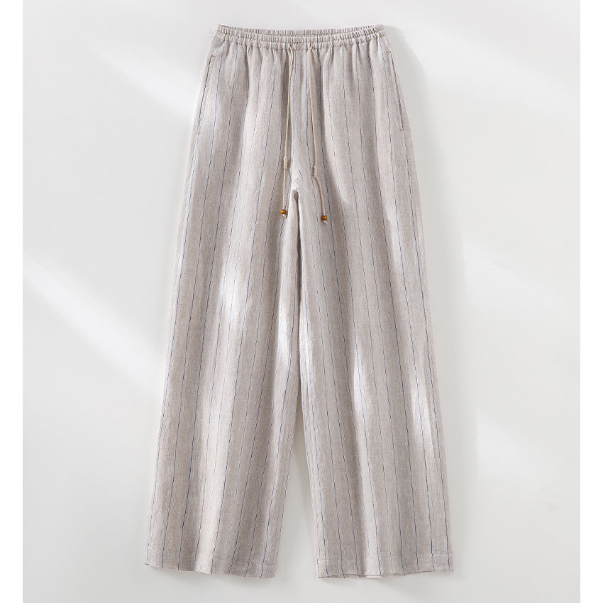 Damen Leichte Hochbund-Loungehose aus Leinenmix mit Tunnelzug und Nadelstreifen-Optik Echoarchiv