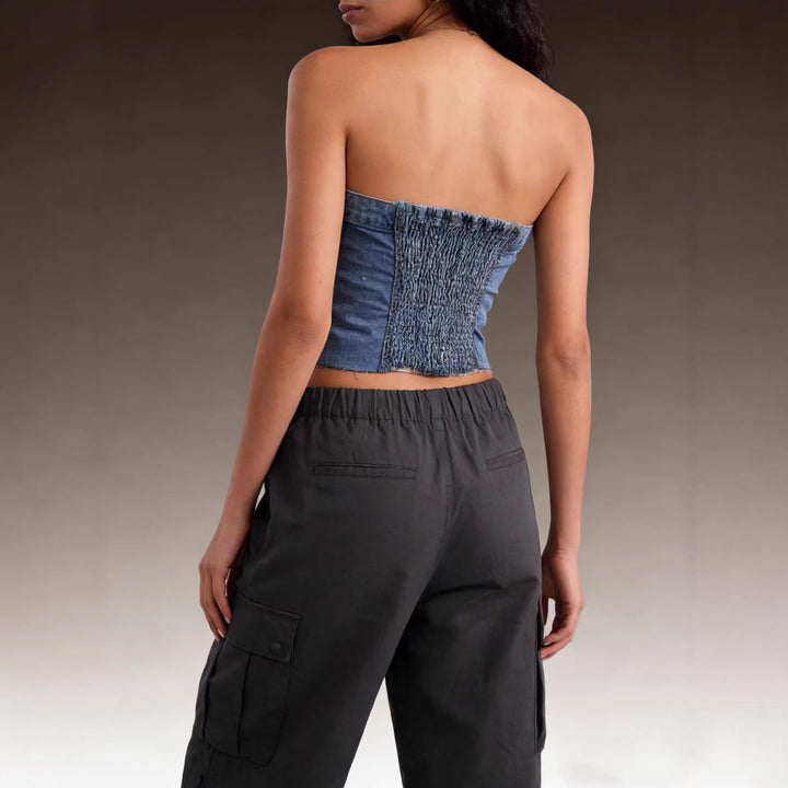 Damen Denim Bustier-Top mit Knopfdetail und Fransen Echo Archiv