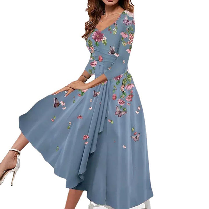 Damen Wickel-Midi-Kleid mit Blumenmuster, asymmetrischem Stufenschnitt und tailliertem Bindegürtel – Élara