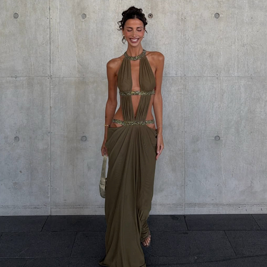 Damen Maxikleid mit tiefem V-Ausschnitt und elegantem Rückendetail Echo Archiv