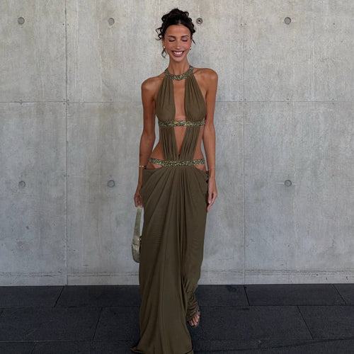Damen Maxikleid mit tiefem V-Ausschnitt und elegantem Rückendetail Echo Archiv