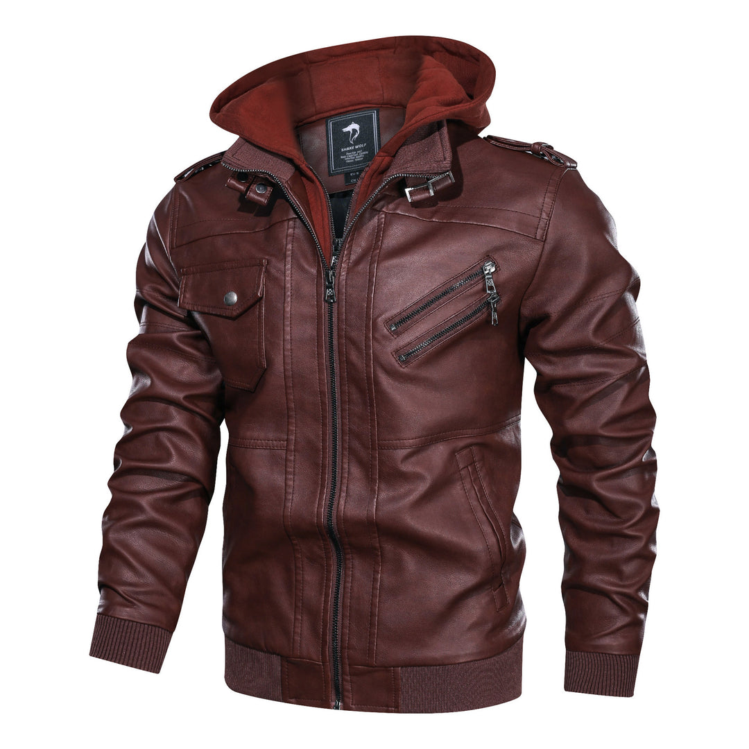Herren Lederoptik-Utility-Jacke mit Kapuze, Reißverschlusstaschen und Rippbündchen – Taviero