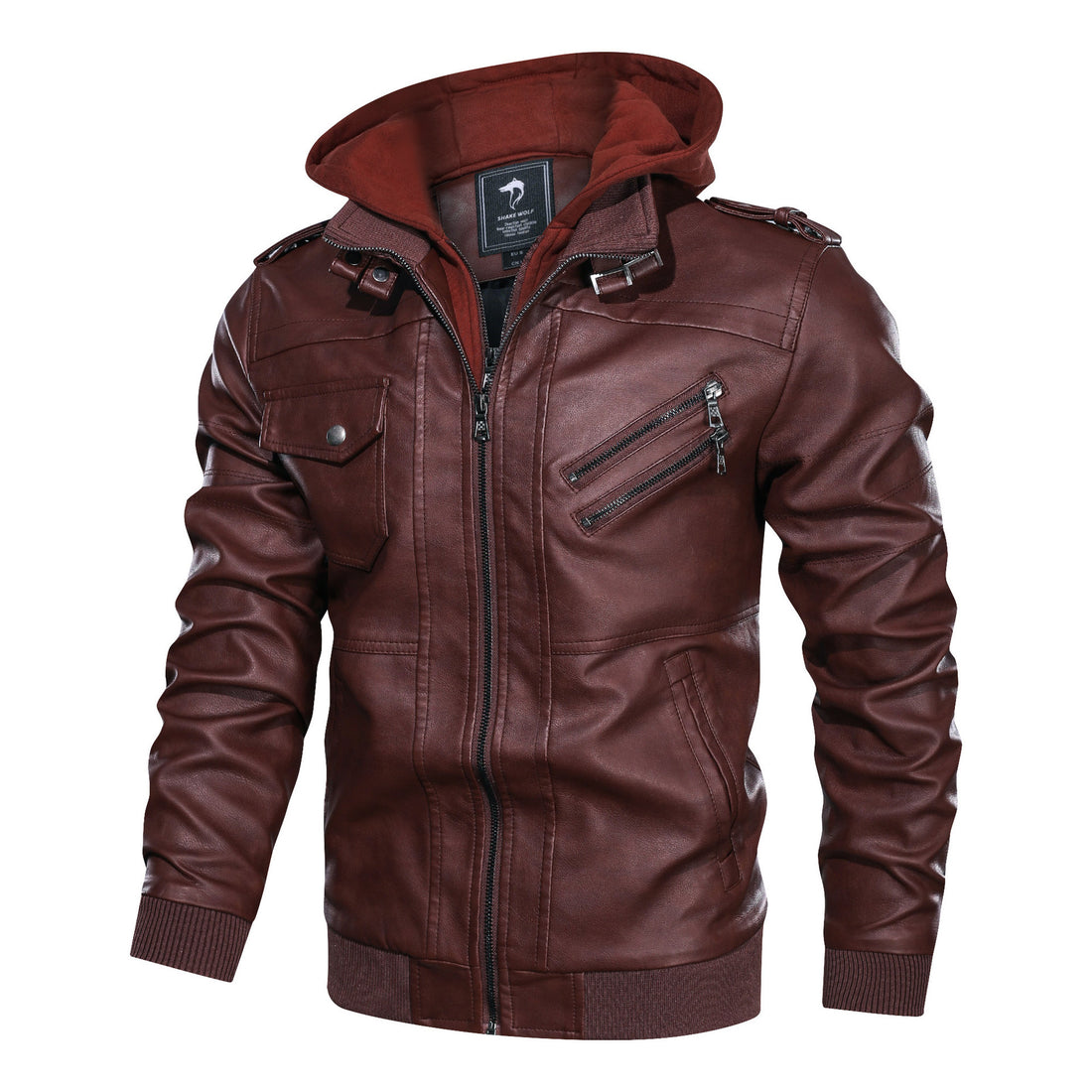 Herren Lederoptik-Utility-Jacke mit Kapuze, Reißverschlusstaschen und Rippbündchen – Taviero