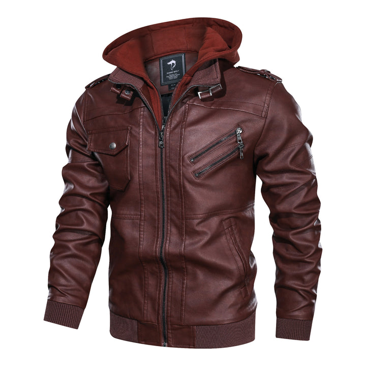 Herren Lederoptik-Utility-Jacke mit Kapuze, Reißverschlusstaschen und Rippbündchen – Taviero