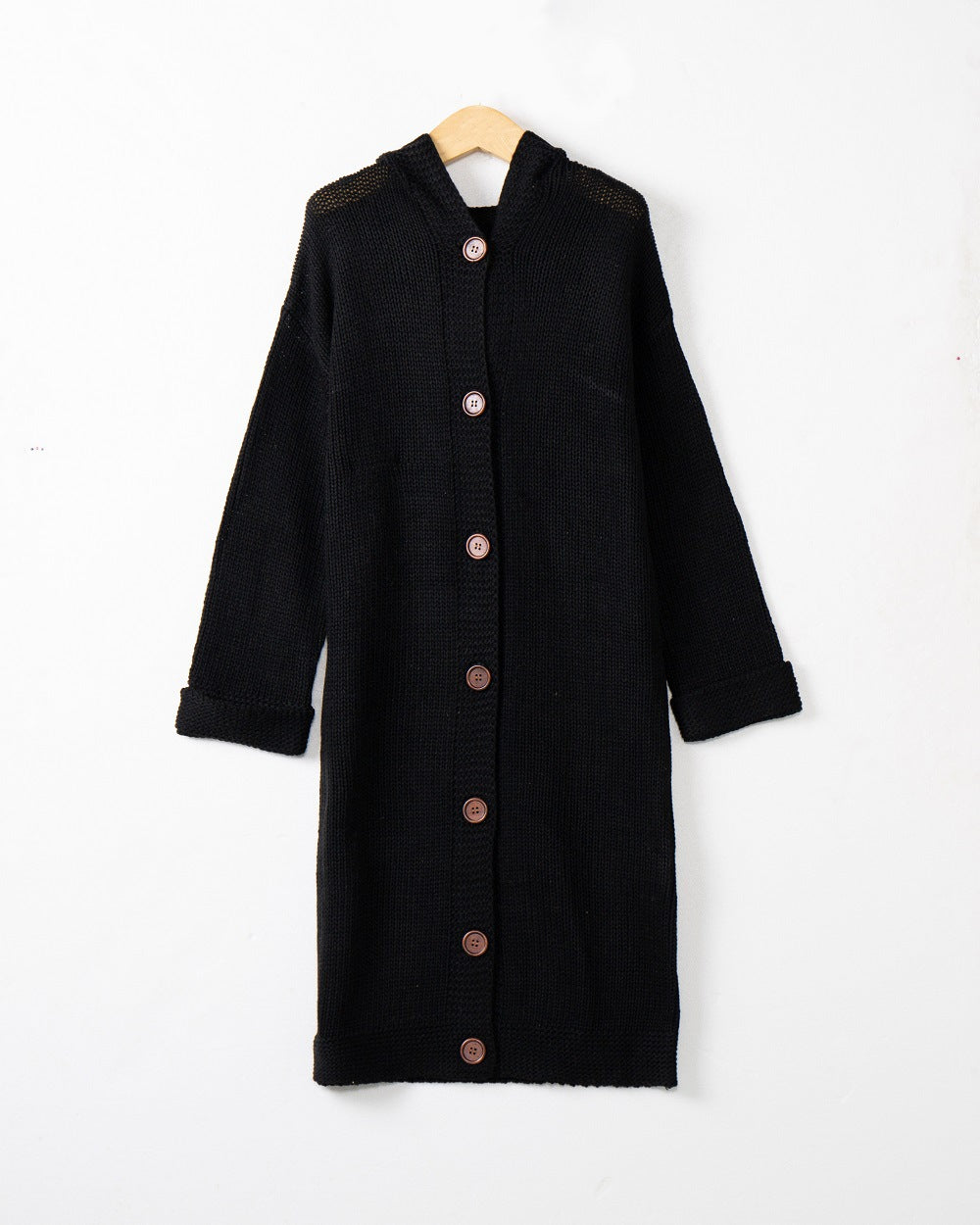 Damen Kapuzen-Longcardigan aus mitteldickem Rippstrick mit durchgehender Knopfleiste und lockerem Oversize-Schnitt Echo Archiv